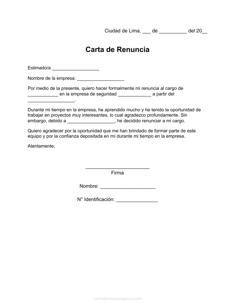 modelo de carta de renuncia a seguridad en pdf