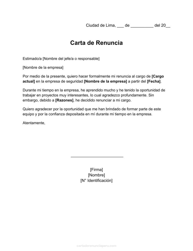 formato de carta de renuncia a seguridad en word