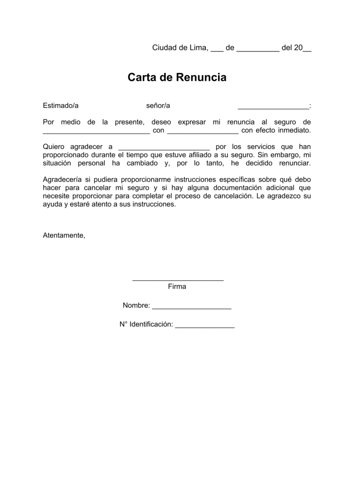 modelo de carta de renuncia a seguro en pdf