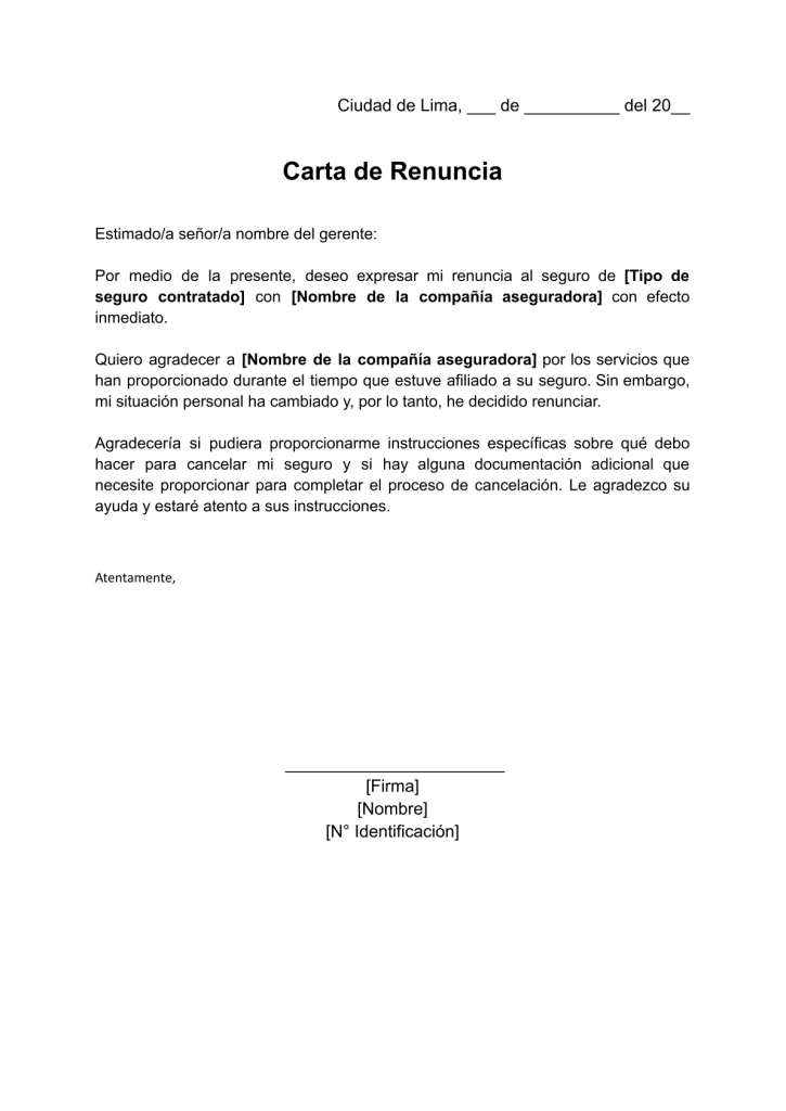 formato de carta de renuncia a seguro en word