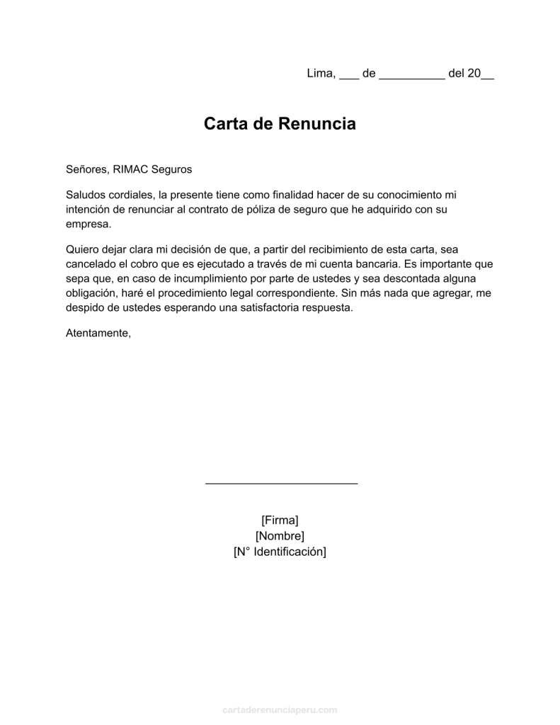 formato de carta de renuncia a seguros RIMAC Perú en word