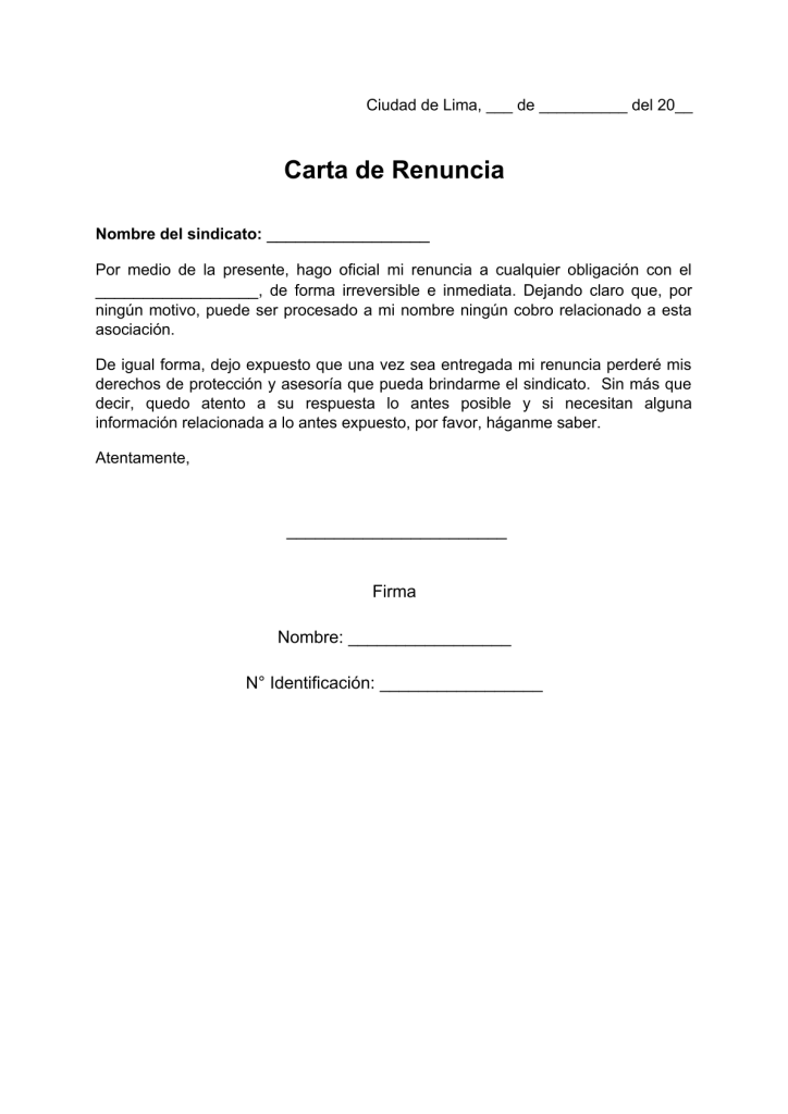 modelo de carta de renuncia a sindicato en pdf