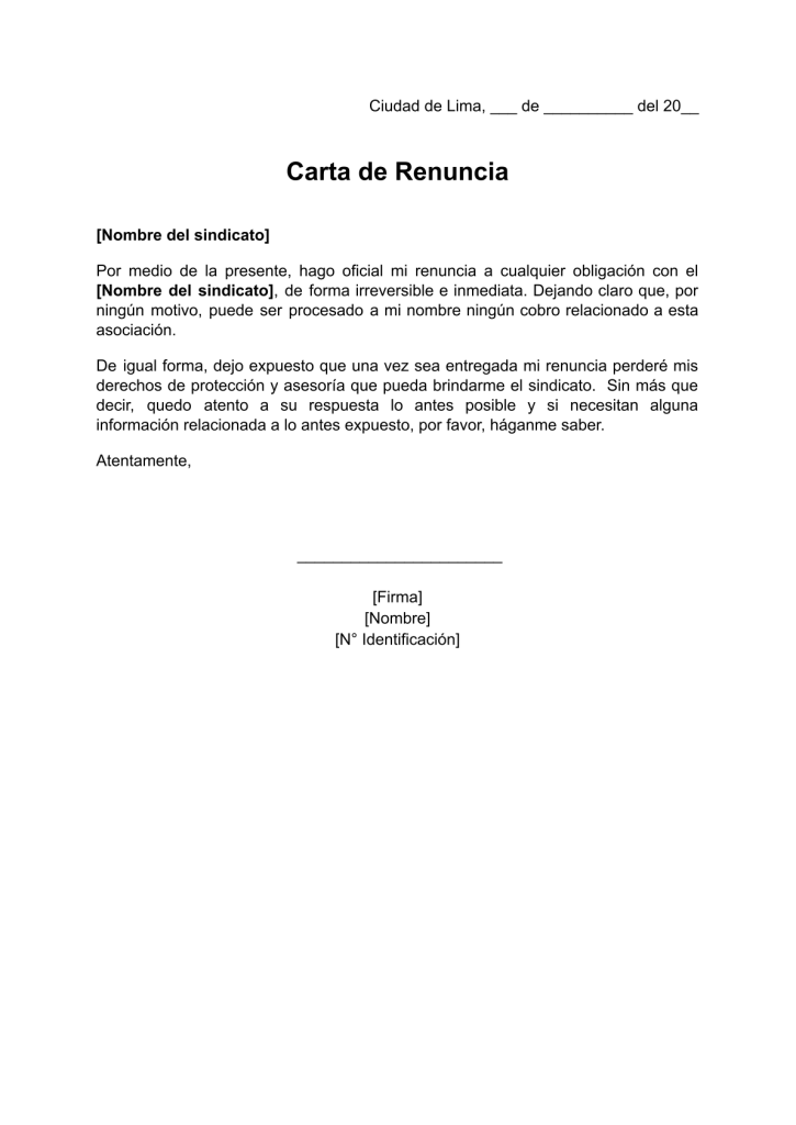 formato de carta de renuncia a sindicato en word