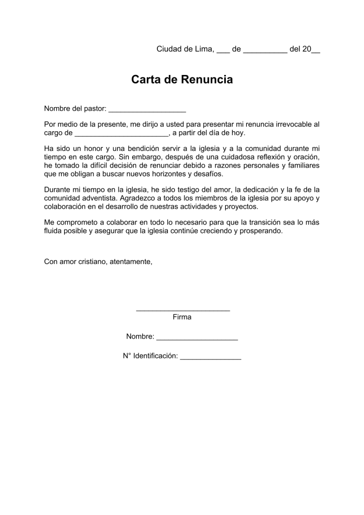 modelo de carta de renuncia a un cargo de la iglesia adventista en pdf