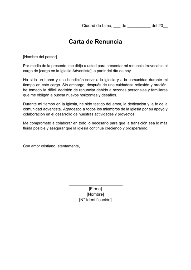 formato de carta de renuncia a un cargo de la iglesia adventista en word