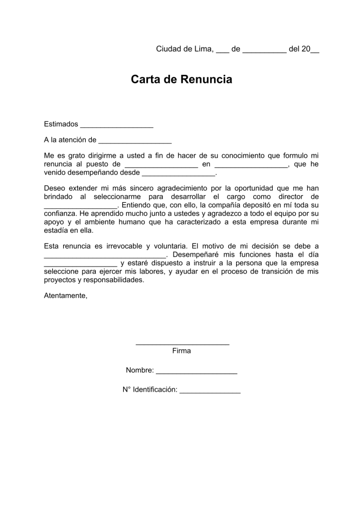 modelo de carta de renuncia a un cargo directivo en pdf