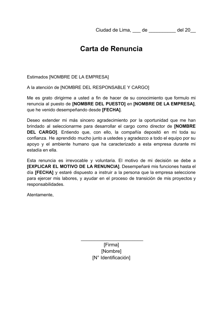 formato de carta de renuncia a un cargo directivo en word