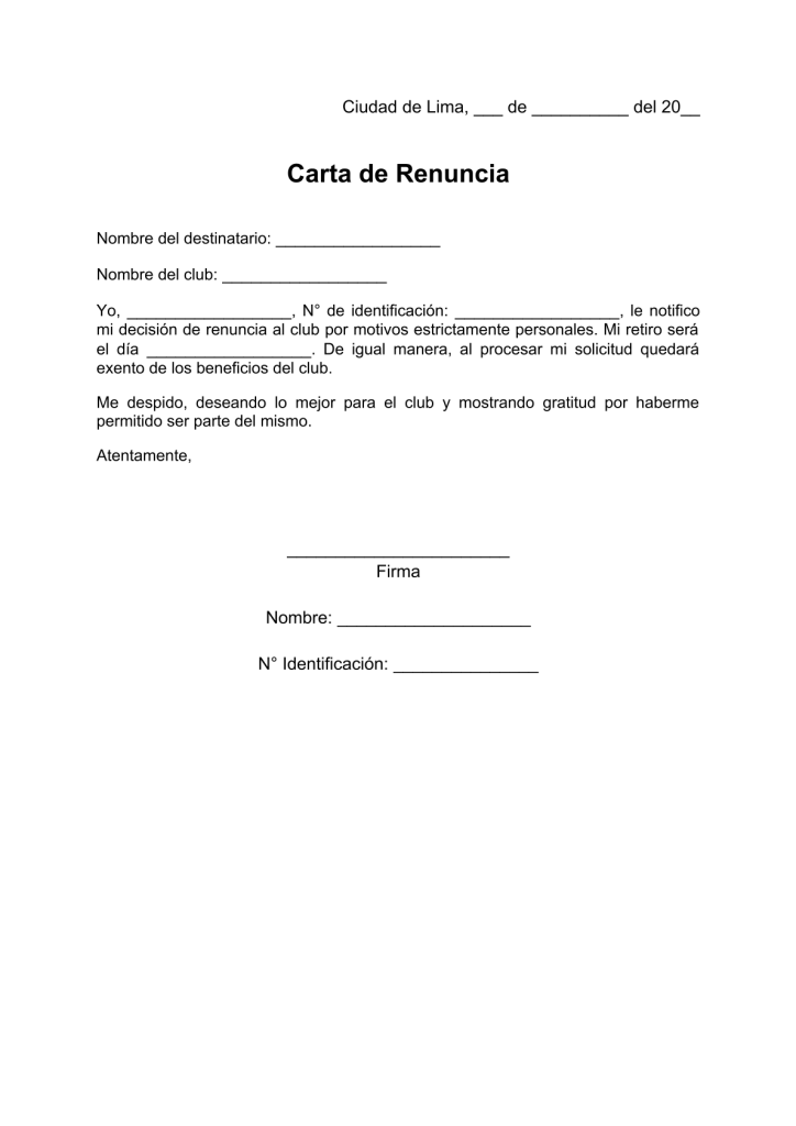 modelo de carta de renuncia a un club en pdf