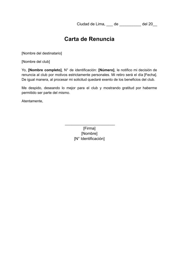 formato de carta de renuncia a un club en word
