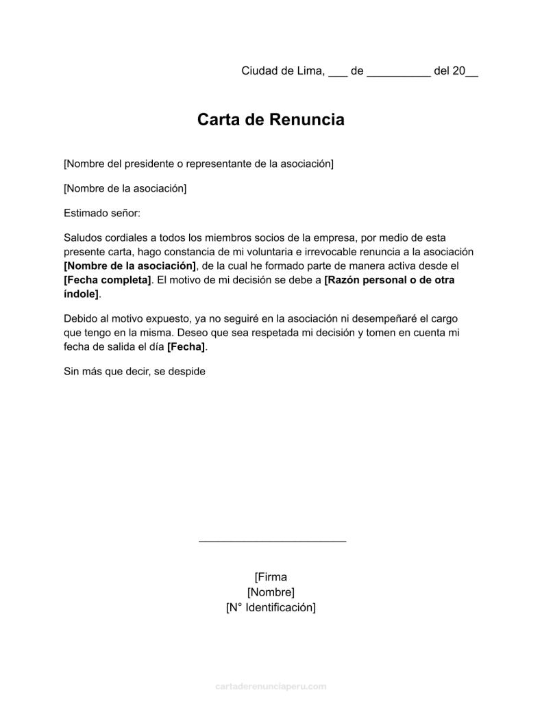 formato de carta de renuncia a una asociación en word
