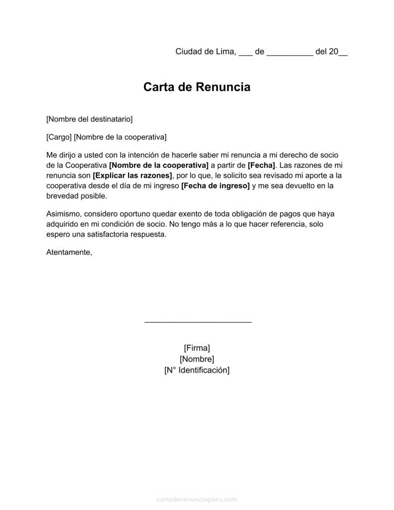formato de carta de renuncia a una cooperativa en word