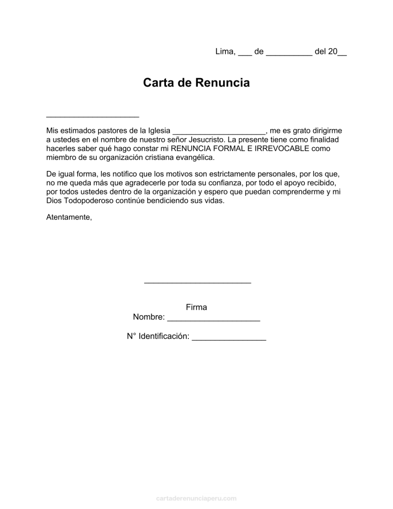 modelo de carta de renuncia a una iglesia evangélica en pdf