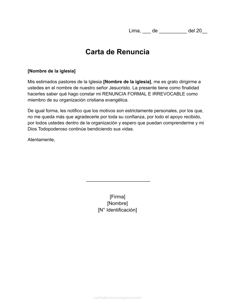 formato de carta de renuncia a una iglesia evangélica en word