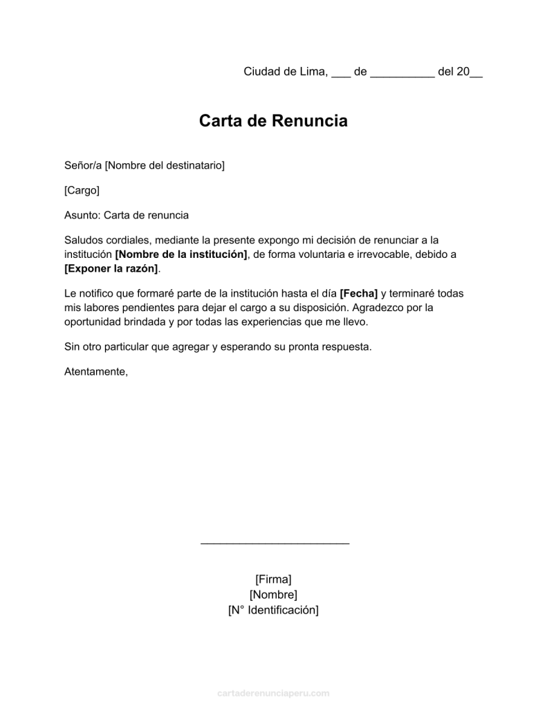 formato de carta de renuncia a una institución en word