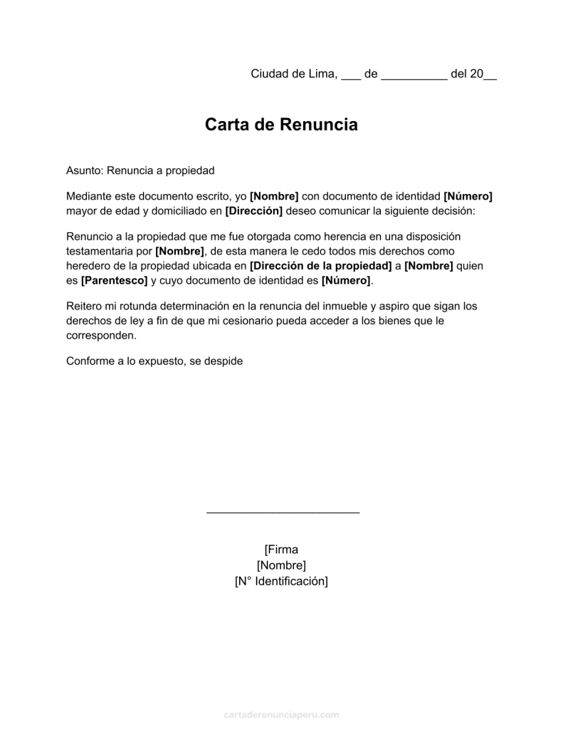 formato de carta de renuncia a una propiedad en word