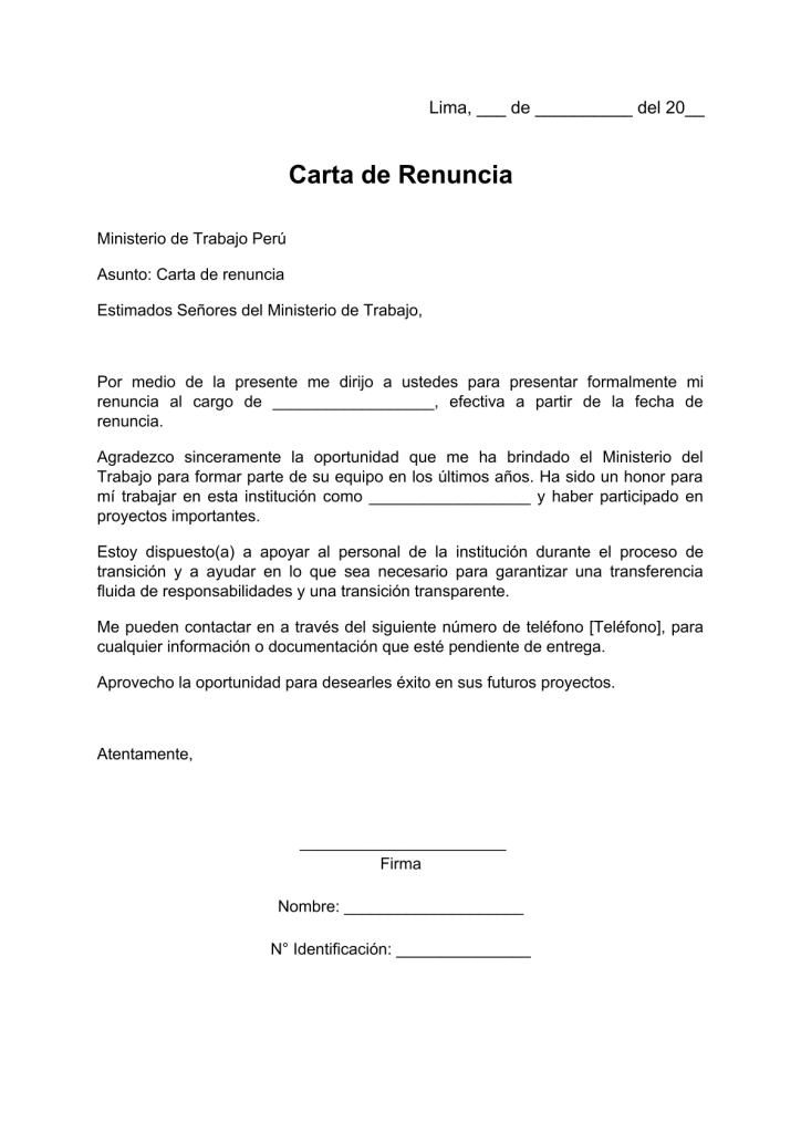 modelo de carta de renuncia al Ministerio de Trabajo Perú en pdf