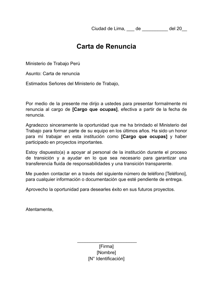 formato de carta de renuncia al Ministerio de Trabajo Perú en word