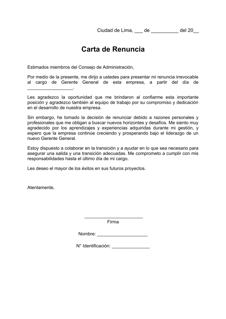 modelo de carta de renuncia al cargo de gerente general en pdf