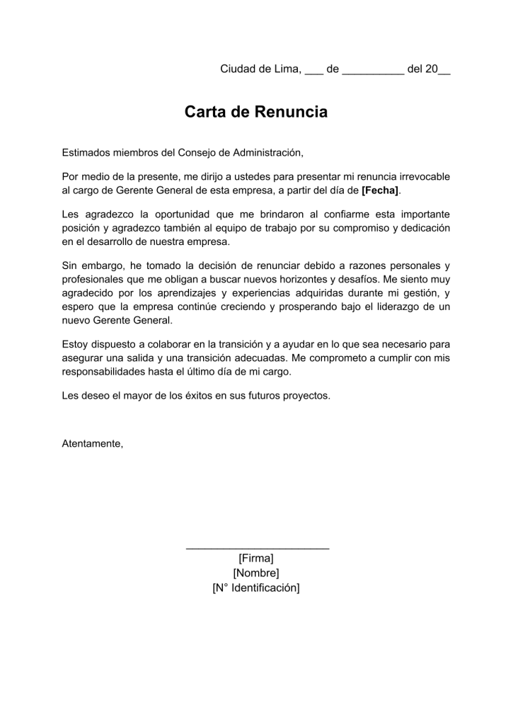 formato de carta de renuncia al cargo de gerente general en word