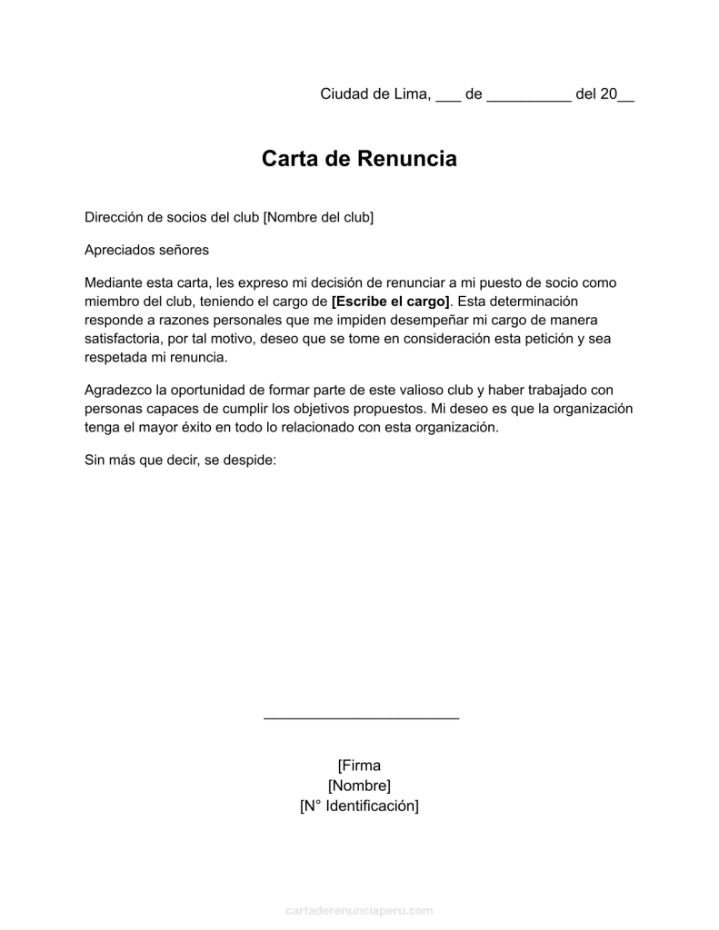 formato de carta de renuncia como socio de un club en word