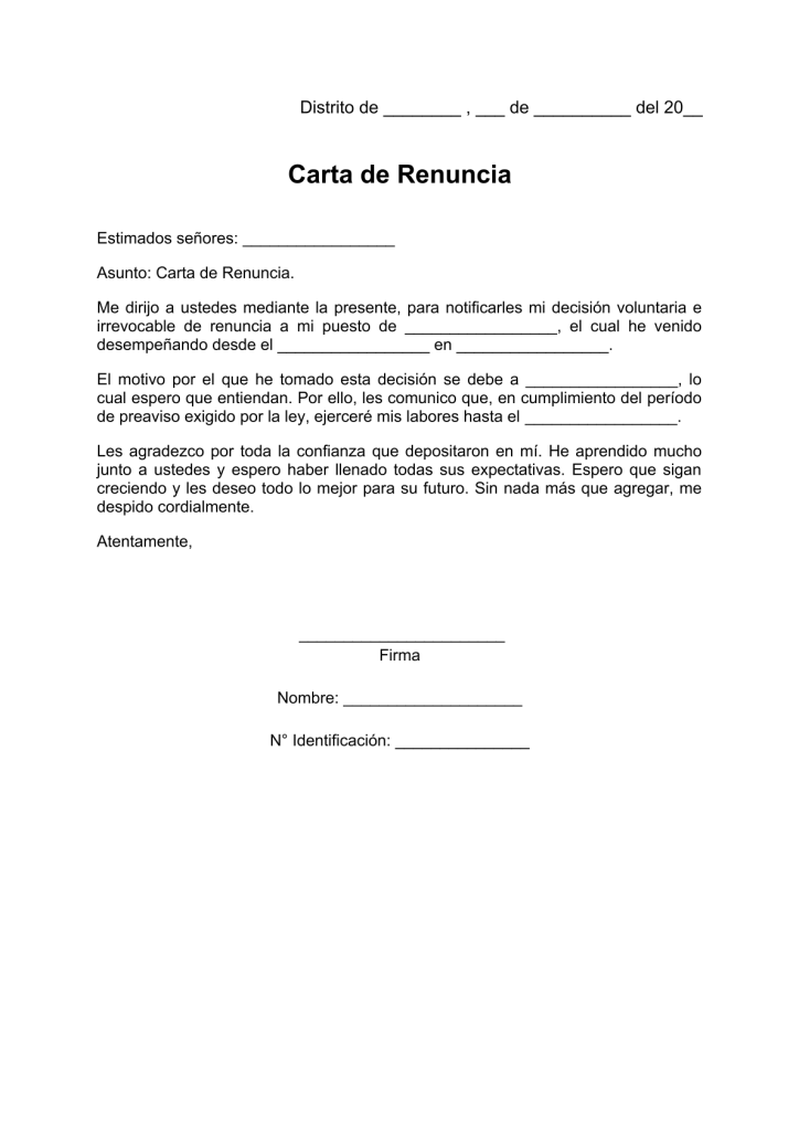 modelo de carta de renuncia con 15 días de anticipación en pdf