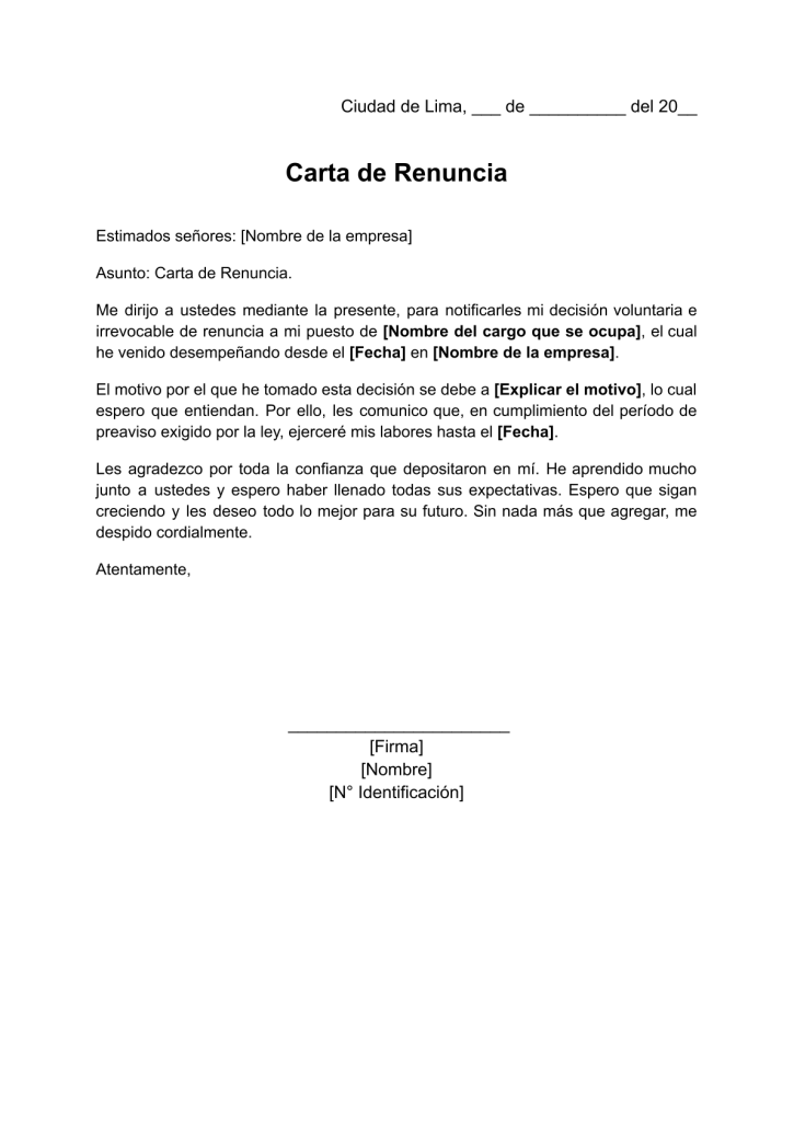 formato de carta de renuncia con 15 días de anticipación en word