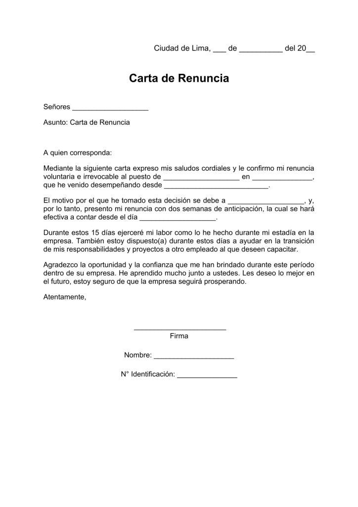 modelo de carta de renuncia con exoneración de 15 días en pdf