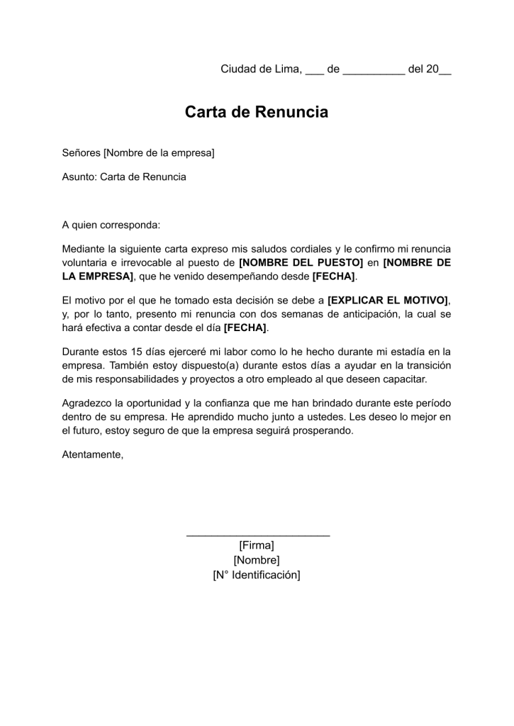formato de carta de renuncia con exoneración de 15 días en word