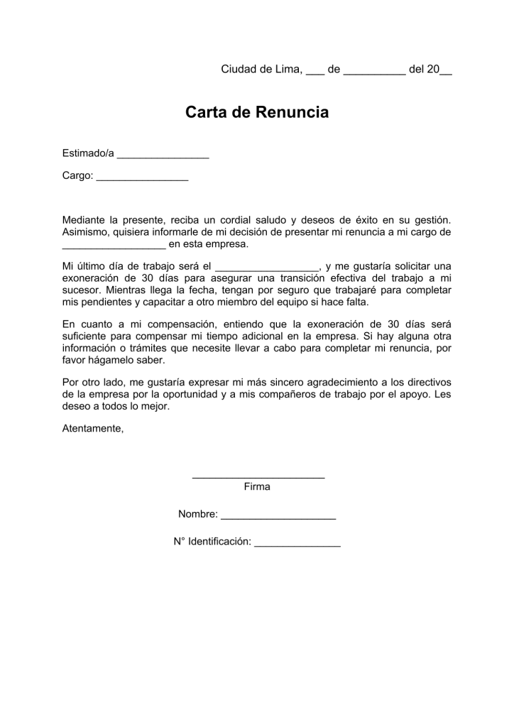 modelo de carta de renuncia con exoneración de 30 días en pdf