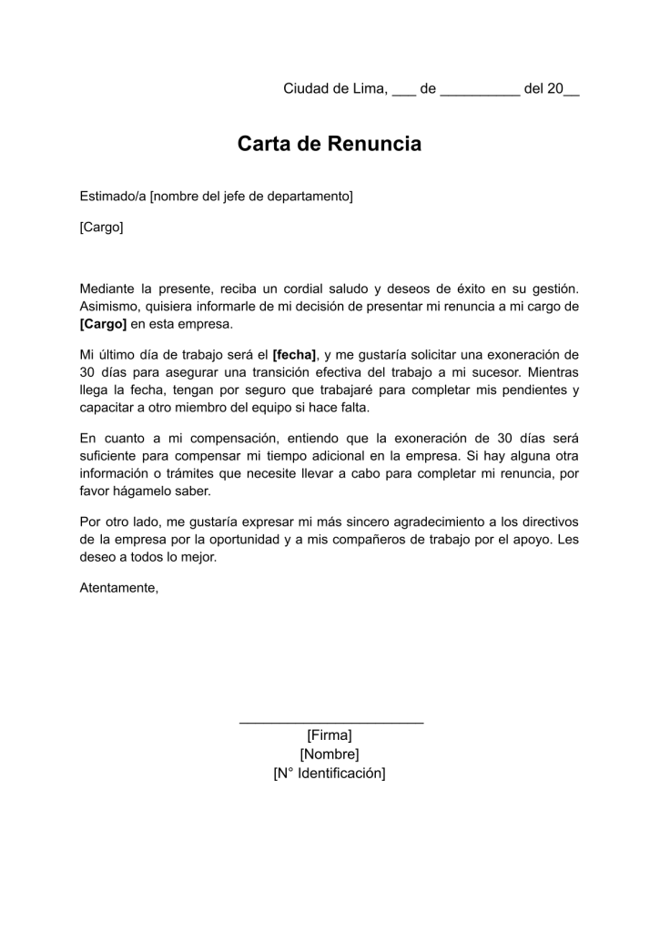 formato de carta de renuncia con exoneración de 30 días en word