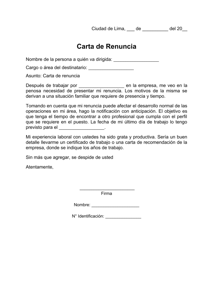 modelo de carta de renuncia de trabajo por motivos familiares en pdf