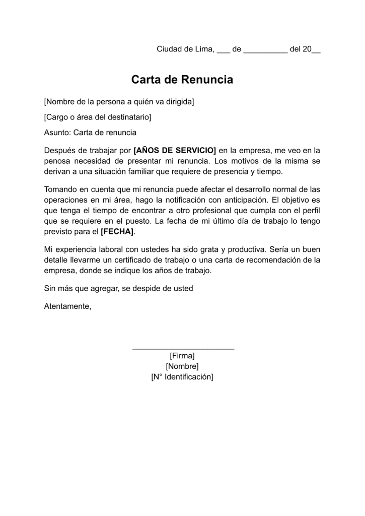 formato de carta de renuncia de trabajo por motivos familiares en word