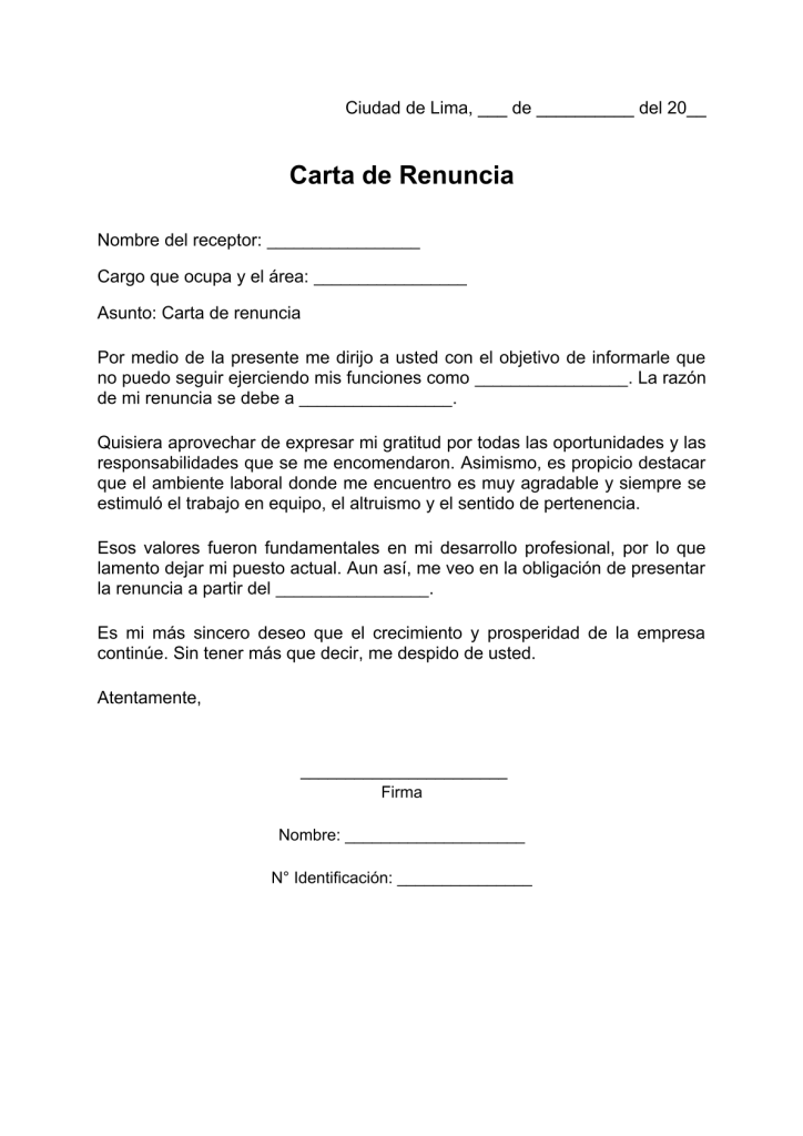 modelo de carta de renuncia de trabajo por motivos personales en pdf