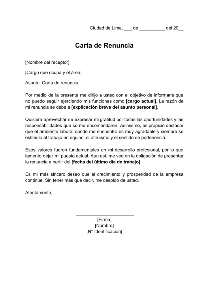 formato de carta de renuncia de trabajo por motivos personales en word