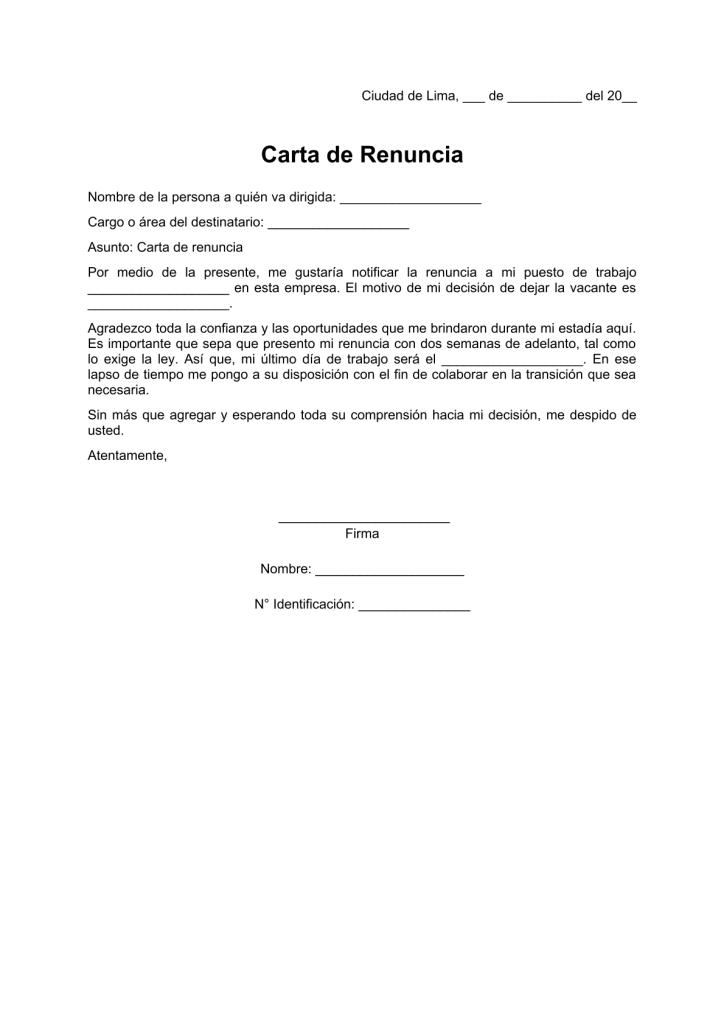 modelo de carta de renuncia de trabajo simple en pdf