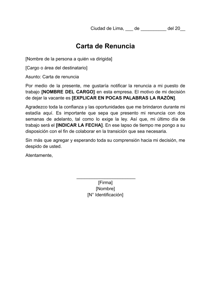 formato de carta de renuncia de trabajo simple en word