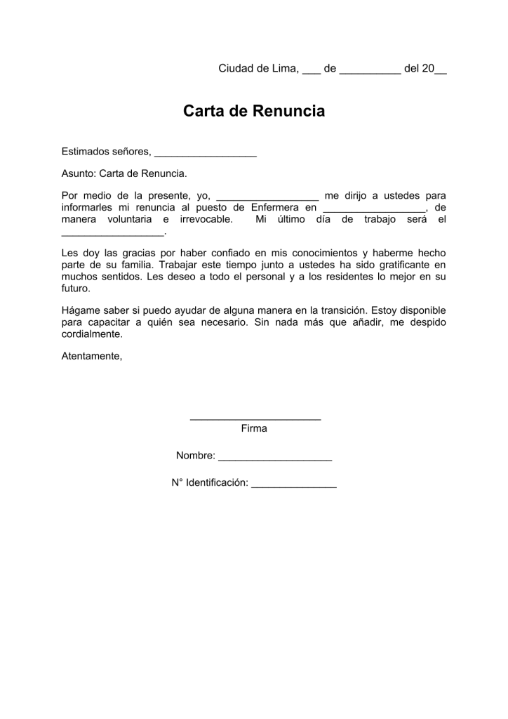 modelo de carta de renuncia de una enfermera en pdf