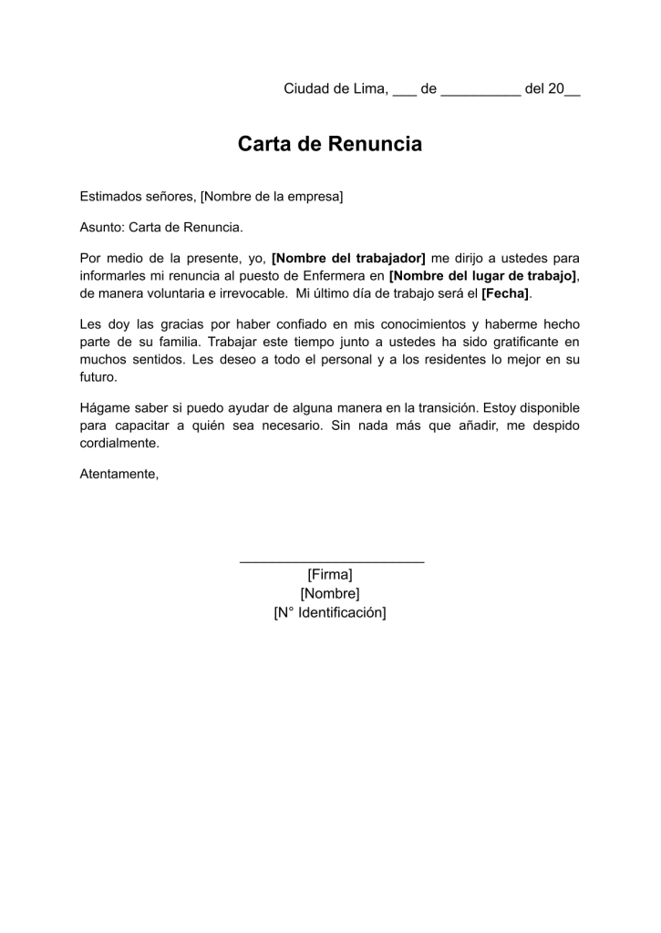 formato de carta de renuncia de una enfermera en word