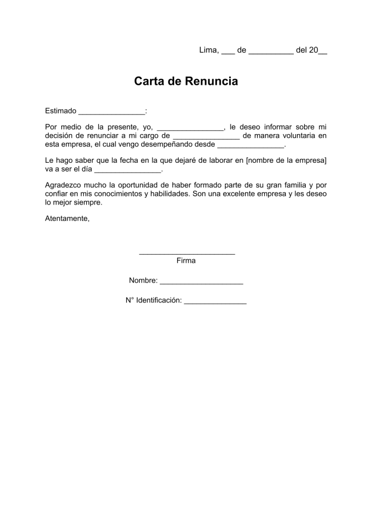 modelo de carta de renuncia dirigida a recursos humanos en pdf