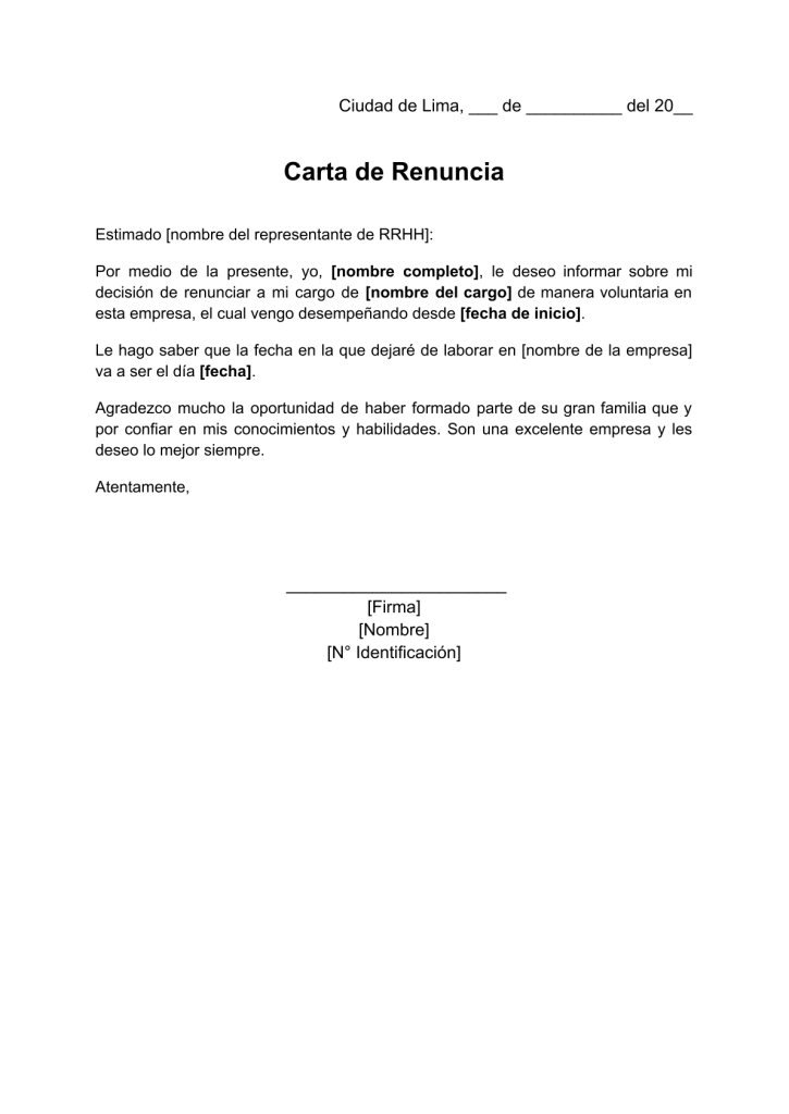 formato de carta de renuncia dirigida a recursos humanos en word