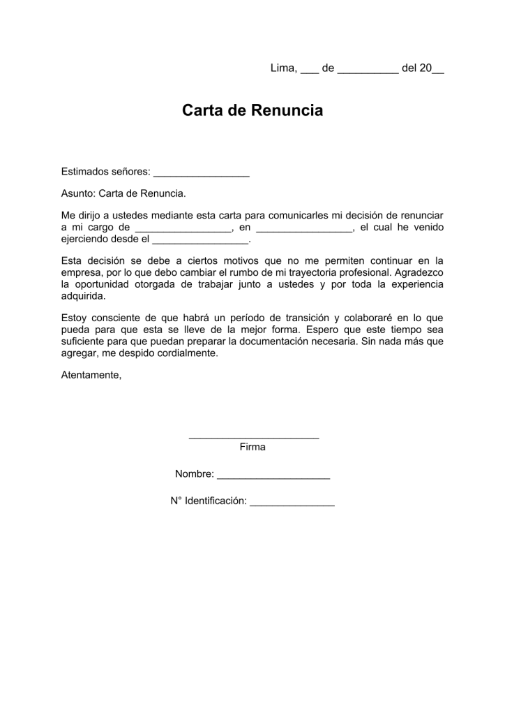 modelo de carta de renuncia forzada en pdf