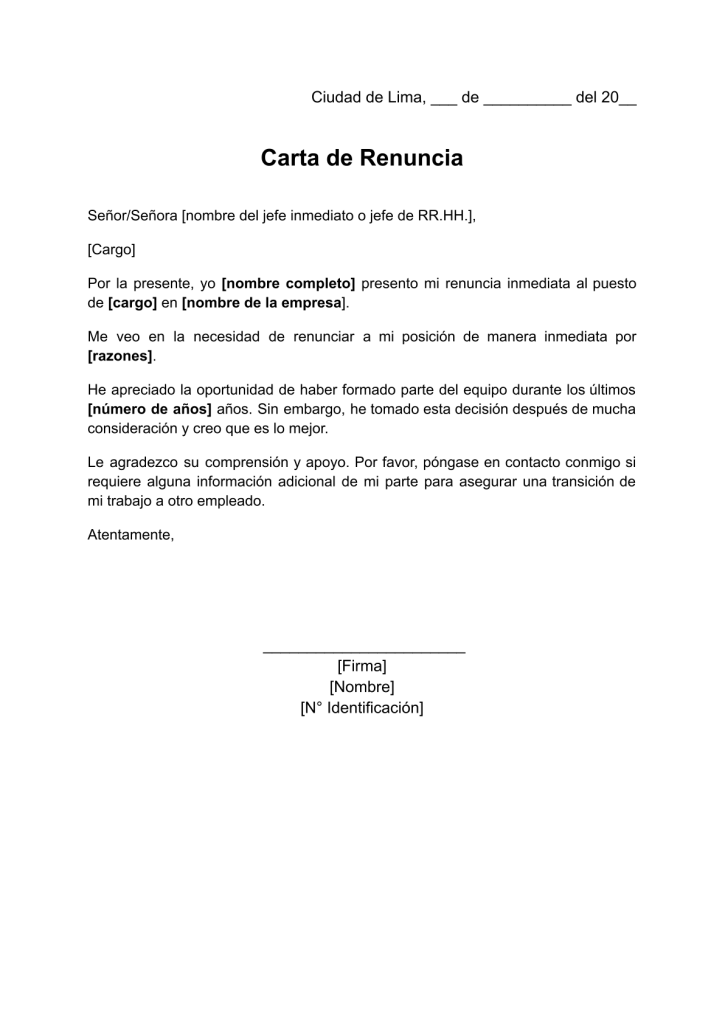 formato de carta de renuncia inmediata Perú en word