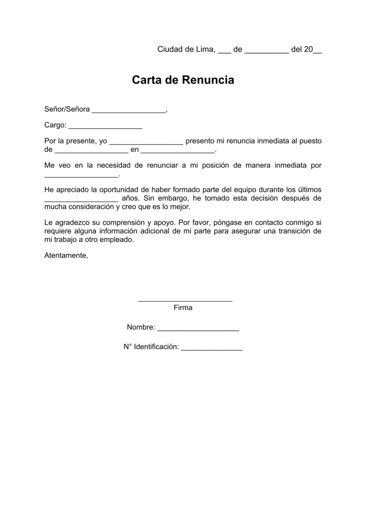 modelo de carta de renuncia inmediata perú en pdf