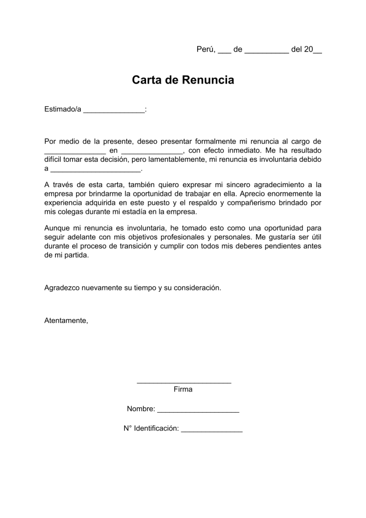 modelo de carta de renuncia involuntaria en pdf