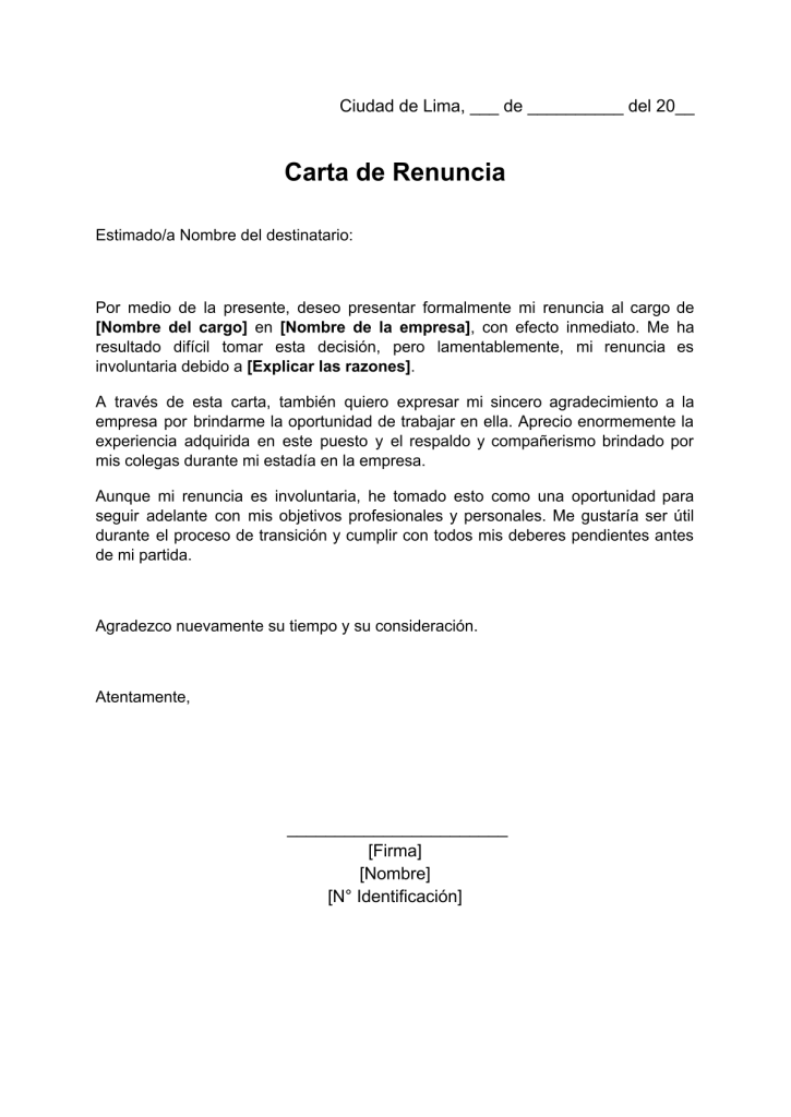 formato de carta de renuncia involuntaria en word