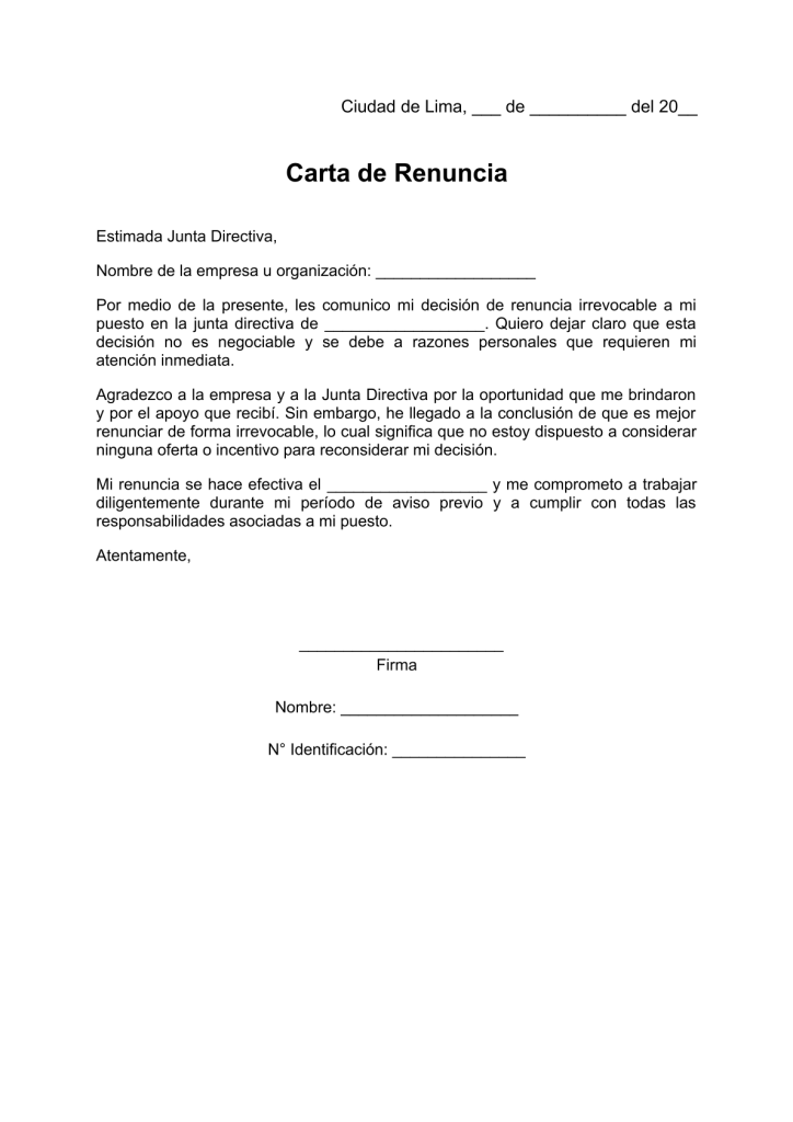 modelo de carta de renuncia irrevocable a junta directiva en pdf