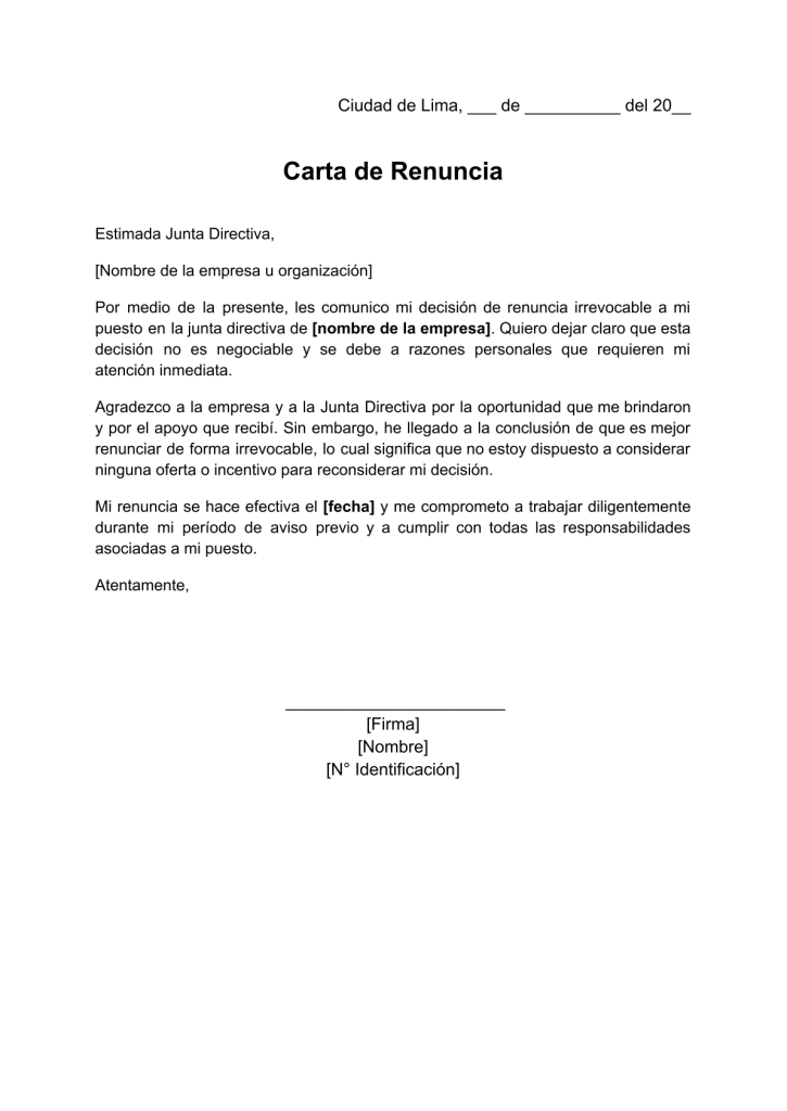 formato de carta de renuncia irrevocable a junta directiva en word