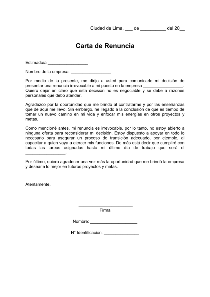 modelo de carta de renuncia irrevocable en pdf