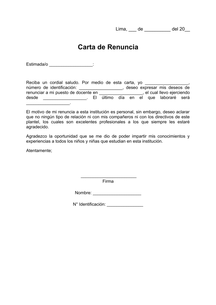 modelo de carta de renuncia laboral docente en pdf