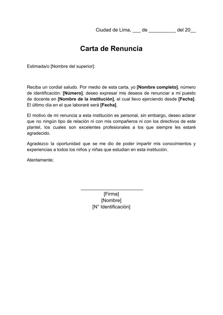 formato de carta de renuncia laboral docente en word